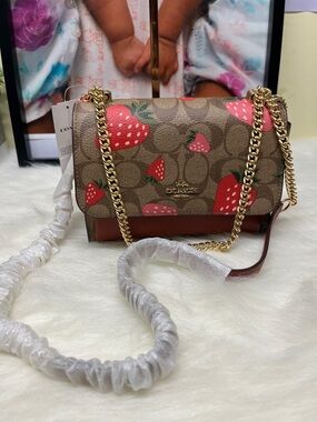 Coach Brown and Red Strawberry Signature Canvas Crossbody with Gold Chain